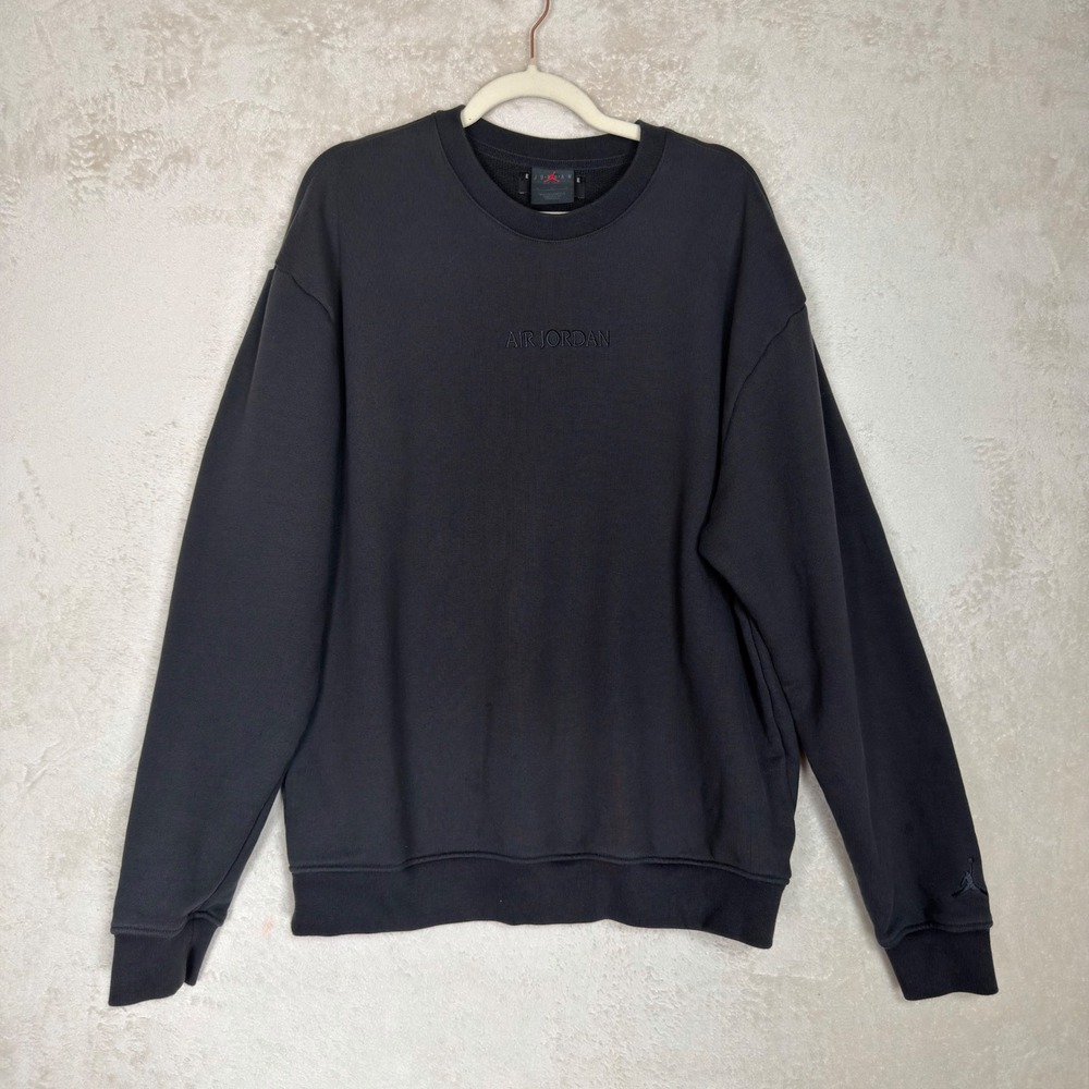 Nike Air Jordan Wordmark Fleece Crewneck Sweatshirt Black Tonal Embroidered Logo